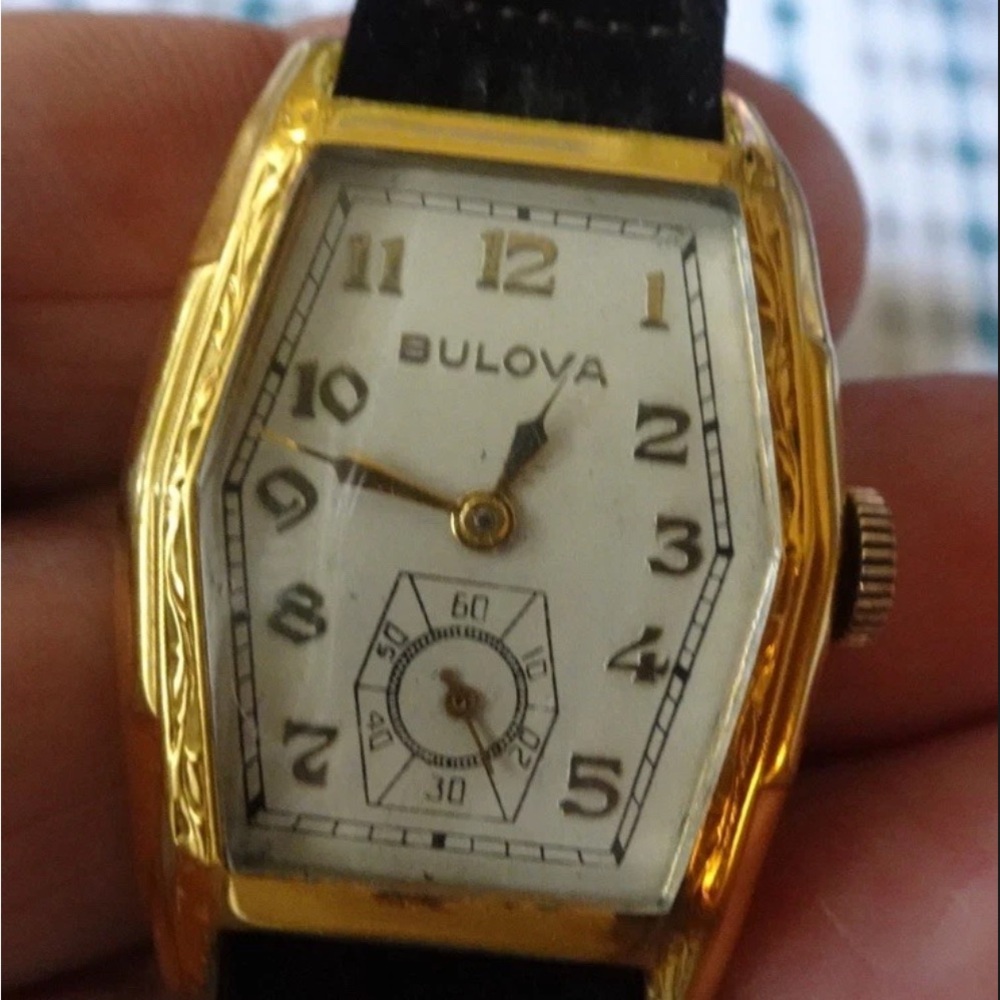 Vintage Bulova 10K Gold Plated Watch with Black Leather Strap